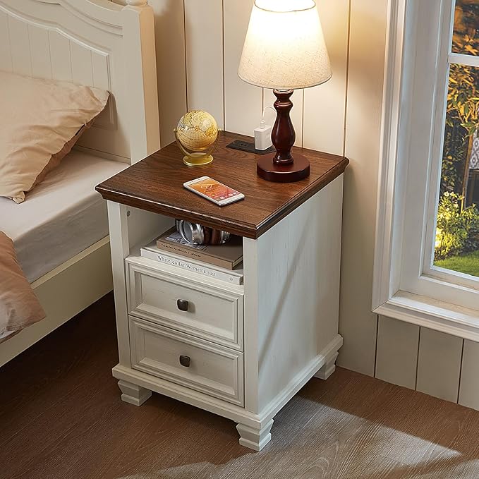 SAVOR LIFE Farmhouse Side Table with Charging Station, Antique Nightstands with Drawers, Bedside Table with Open Shelf for Bedroom, White