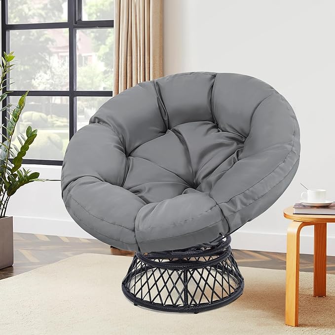46" Giant Oversized Rattan Papasan Chair with Cushion and Frame for Adults, Fluid 360° Swivel, Waterproof, Black Frame with Dark Grey Cushion