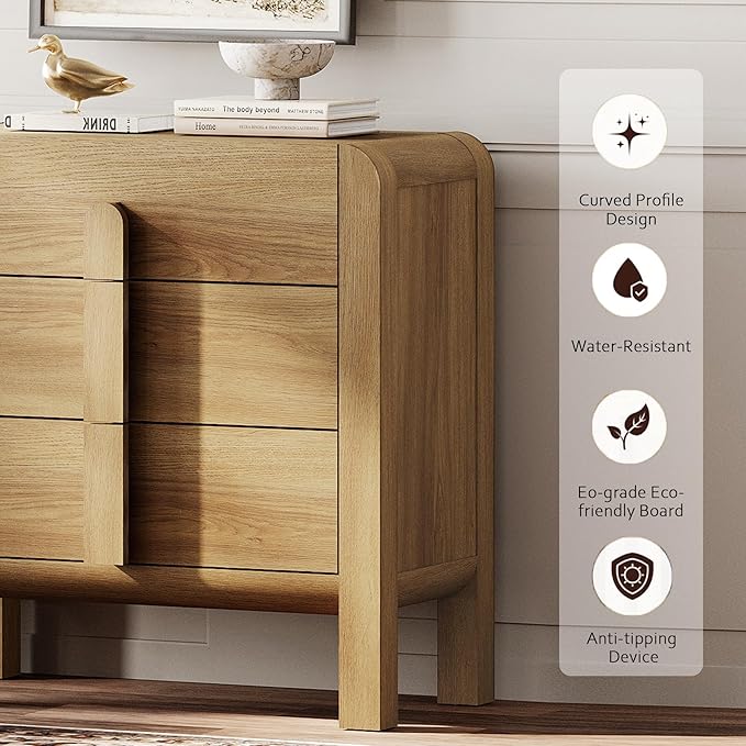 WAMPAT Modern 3-Drawer Nightstand Set of 2, 31.5" Tall Nightstand End Table w/Curved Profile Design,Wooden Dresser with Large Chest of Drawers,Bed Side Table for Bedroom,Living Room, Light Walnut