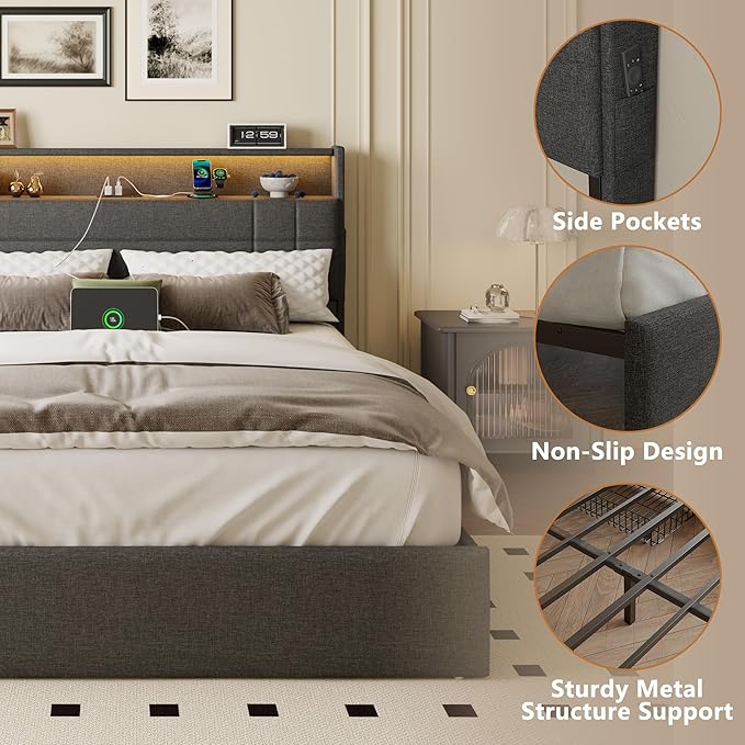 Forestell Queen Bed Frame with Headboard, Grey Upholstered Platform Bed with 4 Storage Drawers, Built-in LED Lights & Charging Station, Metal Slats Support, No Box Spring Needed, Cama Queen Size