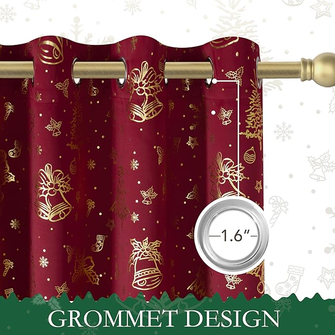 NICETOWN 2 Panels Christmas Red Curtains 52 x 63 Inch - Gold Stamped Grommets Christmas Curtains for Living Room, Bedroom - Holiday Festive Window Drapes - Christmas Decoration