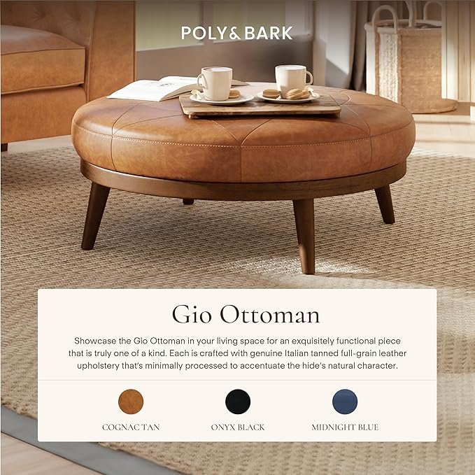 POLY & BARK Gio Ottoman – 30” Round with Feather-Down Topper – Full-Grain Leather Upholstery – Couch Ottoman for Living Room – Vintage Italian Leather in Cognac Tan