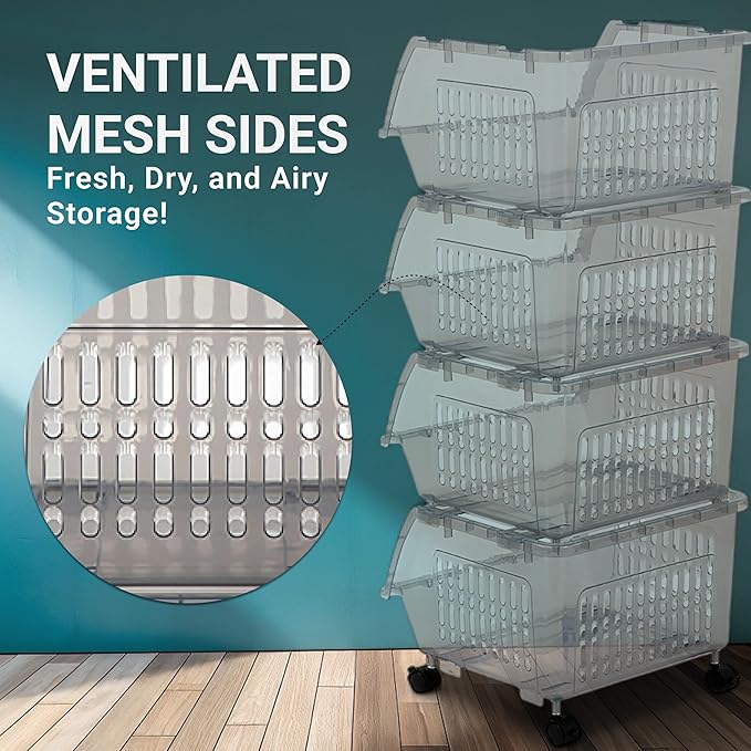 TidyFriend Plastic Stackable Bins - 4 Pack Large Stacking Bins Open Front For Toy Organizers and Storage, Pantry, Kitchen, and Bathroom Essentials (Light Grey)