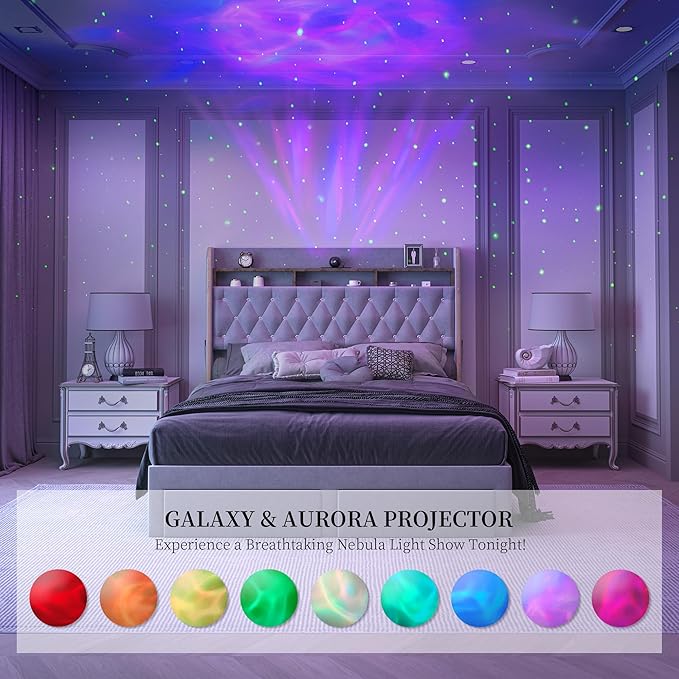Queen LED Bed Frame with Storage Drawers, Velvet Upholstered Platform Beds with Galaxy Star Projector Charging Station, Aurora Bedframe with 2-Tier Storage Headboard, No Box Spring Needed, Grey