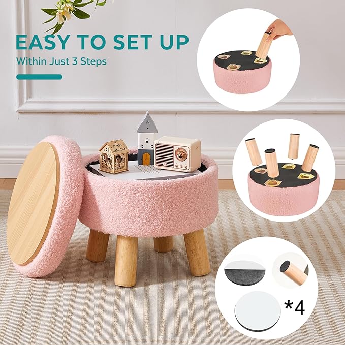 FIMIVIBI Small Foot Stool Ottoman with Storage, Sherpa Ottoman Foot Rest for Couch, Round Footstool with Storage, Small Ottomans and Footstools for Living Room and Entryway (Pink)