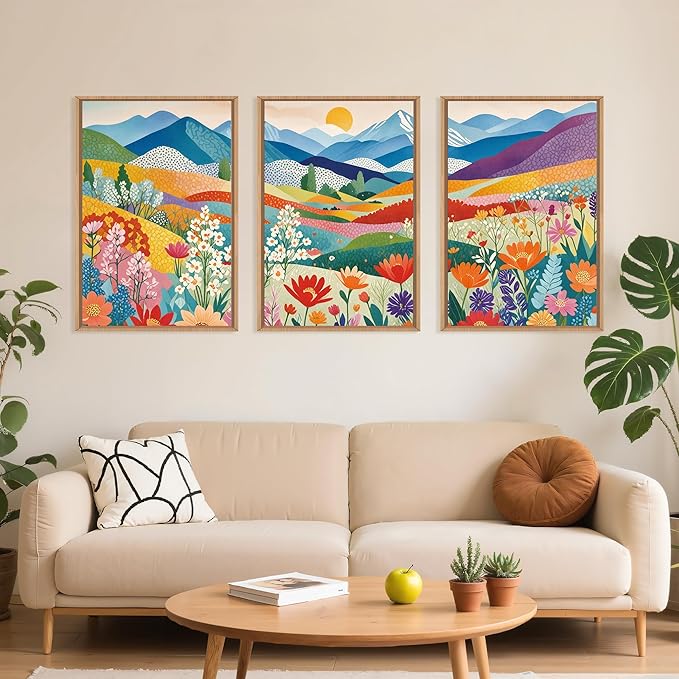 LHIUEM Large Abstract Mountain Flower Framed Canvas Wall Art,Colorful Watercolor Boho Wall Decor,Nature Floral Tree Wall Painting,Bohemian Artwork for Living Room,Bedroom,Dining Room,Office -24"x36"x3