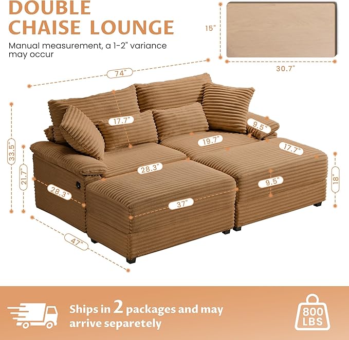 SUNWAVE 74" Double Chaise Lounge Chair Indoor, Oversized Loveseat with Removeable Ottoman, Corduroy Couch with USB Charging, Storage Ottoman, and Coffee Table Cushions for Living Room