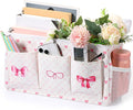Pink Bow Bedside Caddy, Cute Bow Bedside Organizer, Pink Coquette Aesthetic Hanging Storage Caddy Bag with Fixed Strap and Water Bottle Holder for Home, College, Dorm, Bunk, Hospital, Bed Rail