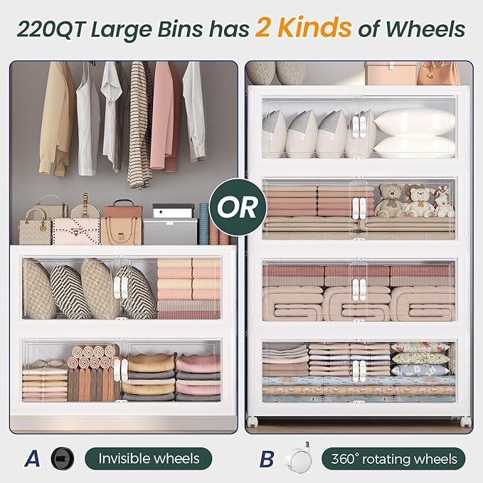 275Gal Stackable Storage Bins with Lid, 1100Qt Extra Large Collapsible Storage Box with Doors and Wheels, Plastic Closet Organizer and Storage Cabinet Drawer for Home Kitchen, 5Pack White