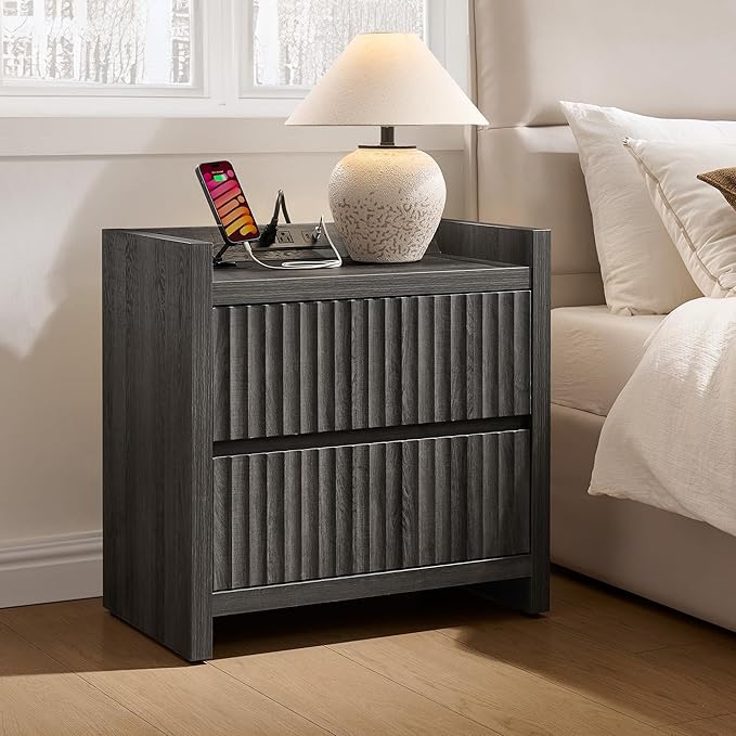 SICOTAS Night Stand Set of 2-Fluted Nightstands with Charger Station-Large Nightstand Bedside Table End Table with 2 Drawers, 25" Wide Mid Century Modern Night Stands for Bedroom-Black Oak