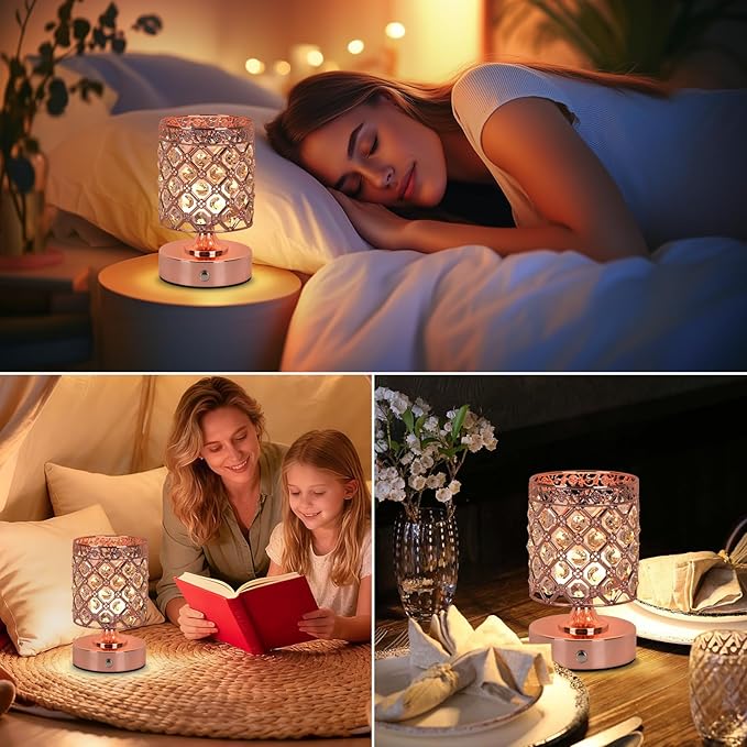 TOBUSA Crystal Rechargeable Cordless Table Lamps Set of 2, Wireless Lamps with 3 Color Temps & Stepless Dimming, Portable 6000mAh Battery Operated Lamps, Rose Gold Small Desk Lamps for Bedroom Bar