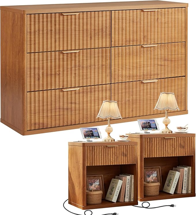 LEYAOYAO 48" Wide Fluted Dresser and 1 Drawers 23" Nightstand Set of 2, Wooden Dresser & Night Stand with Charging Station, 3 Piece Bedroom Furniture Set, Chest of Drawer for Living Room,Brown