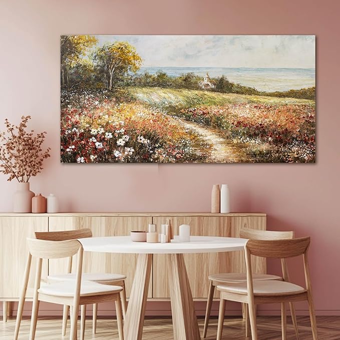 YETHEN WAL Floral Wildflower Meadow Wall Art – Countryside Cottage Landscape Canvas Print, Rustic Farmhouse Coastal Décor for Hallway Living Room Bedroom, 20×40 Inch