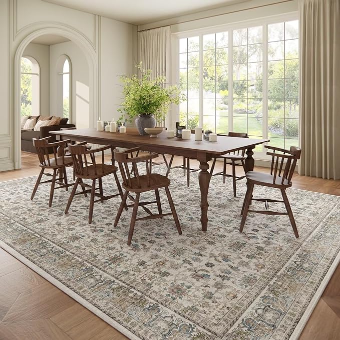 Washable 9x12 Area Rugs for Living Room, Boho Non-Slip Vintage Distress Lager Rugs for Bedroom Dining Room Nursery Office, 0.3" Neutral Oriental Throw Thin Carpet, Cream/Blue/Orange/Multi