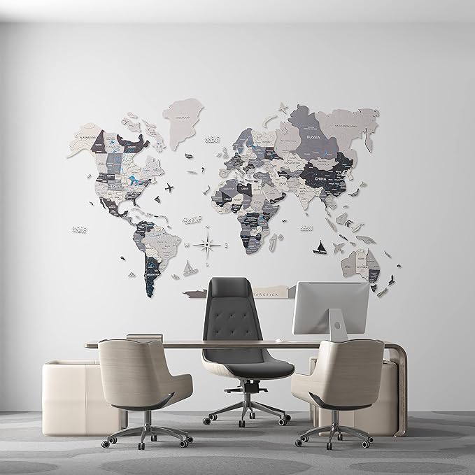 Handmade 3D Wood World Map Wall Art Large Wall Decor Track Your World Travels - Special for Home, Kitchen and Office (Large, Nordik)