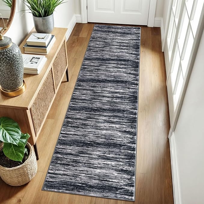 2x8 Modern Abstract Runner Rug for Hallways, Black Super Soft Hallway Decor Kitchen Rugs with Non-Slip, Non-Shedding Washable Rug for Entryway Bedroom Indoor