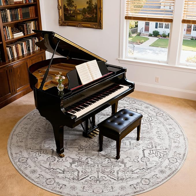 jinchan Lima Round Rug 8ft Vintage Machine Washable Area Rug Indoor Circle 8' Ultra-Thin Non-Slip Floral Print Carpet for Farmhouse Entryway Dining Room Living Room Bedroom Office (8'Round, Taupe)