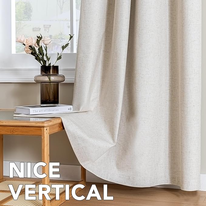 H.VERSAILTEX Linen Curtains 100% Blackout Curtains for Bedroom 84 inch Long Full Light Blocking Nature Linen Blended Window Curtains for Living Room Nickel Grommet (2 Panels, Heathered Natural)