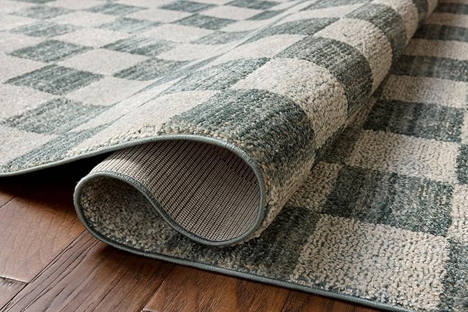 Loloi Chris Loves Julia Calvin Collection CLV-01 Blue/Ivory 5'-3" x 5'-3" Round Area Rug Checkered Neutral Soft Living Room Bedroom Carpet