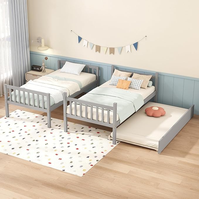 Bellemave Twin Over Twin Bunk Bed with Trundle,Convertible Bunk Beds with Ladder & Safety Guardrails,Twin Size Bunk Beds for Kids Girls Boys,Grey