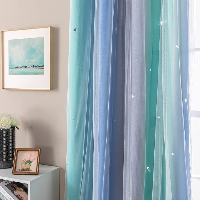 XiDi Curtains for Bedroom Decor, Rainbow BluGrenGrey-52-90