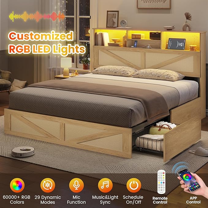 VIAGDO Rattan Bed Frame Full Size with Bookcase Storage Headboard, Charging Station and LED Lights, Wooden Full Bed Frame with 4 Drawers, Barn Door Design, No Box Spring Needed, No Noise, Natural