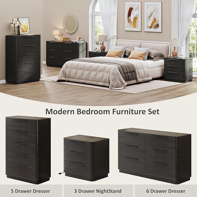 5 Drawer Dresser for Bedroom, 45" Tall Modern Chest of Drawers with Metal Handle, Curved Profile Design, Wooden Closet with Large Drawers Dressers Organizer for Entryway Hallway
