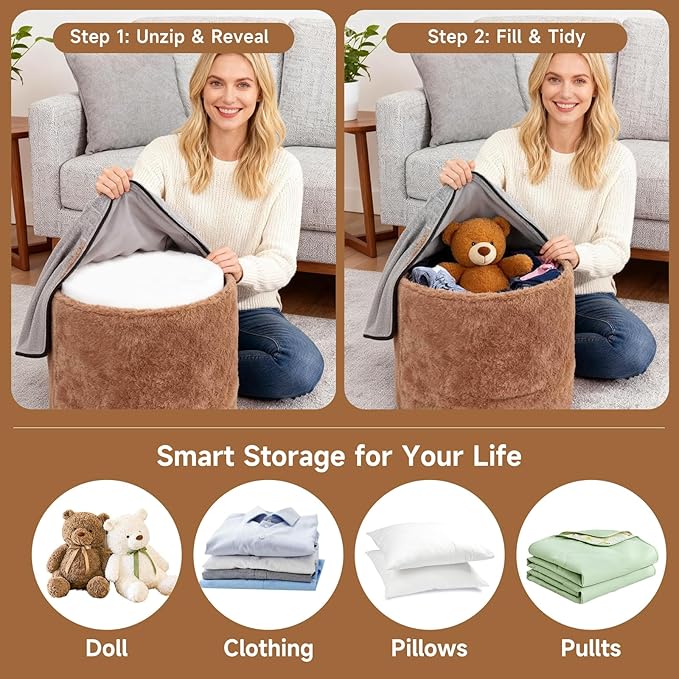 Tiita Pouf Ottoman and Foot Rest, Round Foam Stuffed Floor Pouf with Storag for Living Room, Brown