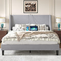 VECELO Full Bed Frame with Upholstered Wingback Headboard, Heavy-Duty Platform Bedframe with Charging Station, Wooden Slats, No Box Spring Needed, Light Grey