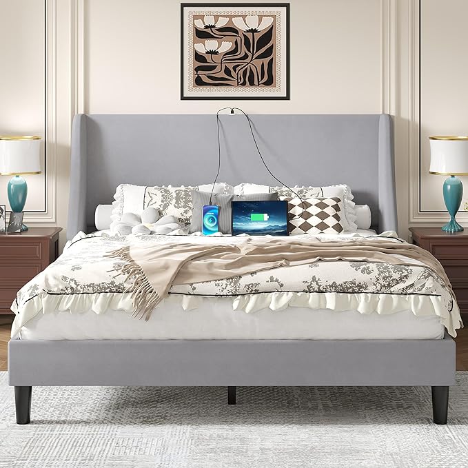 VECELO Full Bed Frame with Upholstered Wingback Headboard, Heavy-Duty Platform Bedframe with Charging Station, Wooden Slats, No Box Spring Needed, Light Grey