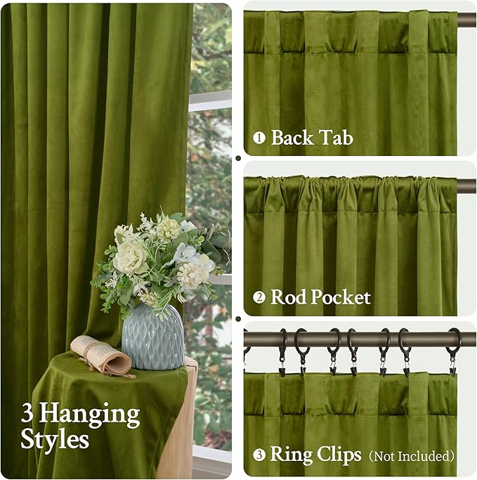 LAMIT Velvet Curtains 90 Inch Length for Living Room, Vintage Thermal Insulated Room Darkening Drapes Super Soft Back Tab and Rod Pocket Window Panels for Bedroom, 2 Panels, Moss Green, 52 x 90 Inch