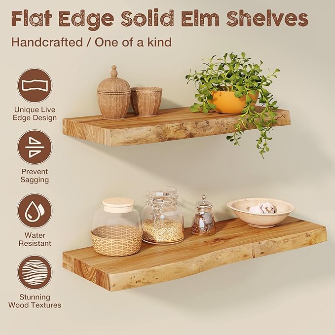fuqing Live Edge Floating Shelves for Wall 40 inch, 8 Inch Deep Solid Elm Wood Floating Wall Shelves - Rustic Wooden Shelves with Invisible Brackets for Living Room Bedroom Kitchen, 1 Pack, Natural