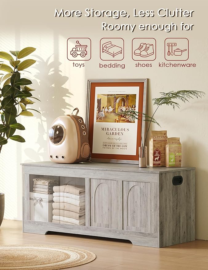 DINZI LVJ Storage Chest, 47.2" Rattan-Like Toy Box with 2 Safety Hinges, Wooden Entryway Storage Bench with Flip-Top, Large Trunk for Living Room, Bedroom, Easy Assembly, Gray Wash