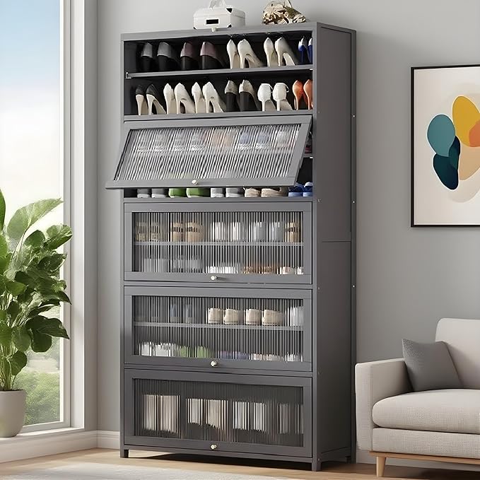 Tall Shoe Cabinet with Clear Doors, Large Capacity Bamboo Shoe Cabinet, 40-45 Pairs Shoe Rack Organizer for Closet Entrance, Hallway, Living Room, Bedroom
