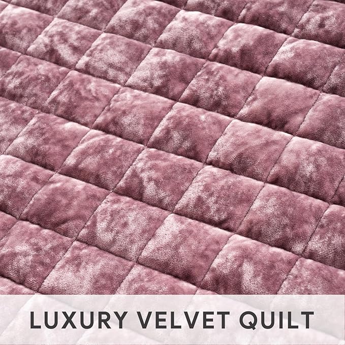 RECYCO Luxury Velvet Quilt Set King Size, Lightweight Velvet Comforter Set, Oversized Bedspread Coverlet Quilted Bedding Set, with 2 Matching Pillow Shams, for All Season, Dusty Mauve Pink