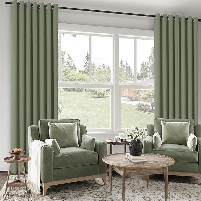 ChrisDowa 100% Blackout sage Solid Curtains 96 Inches Long 2 Panels for Bedroom Living Room,Farmhouse Room Darkening Thermal Insulated Soundproof Grommet Top Window Treatment Drapes,52x96