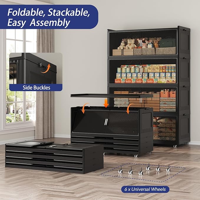 150GAL Extra Large Storage Bins with Lid, 600QT Collapsible Organizer with Wheels, Stackable Closet Cabinet with Doors, Folding Storage Containers for Home, Office, Kitchen, 3Pack Black
