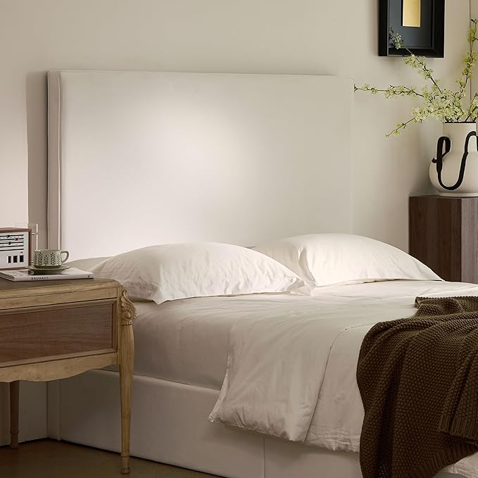 King Size Upholstered Bed Frame, 52" High Headboard Wingback Bedframe, Lucas Tall Headboard Floor Platform Beds, No Box Spring Needed No Noise/Minimalist/Coconut Micro Suede, White