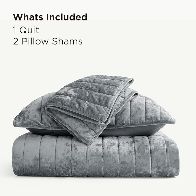 Bedsure Velvet Quilt King Size Set - 108"x96" Lightweight Velvet Comforter King Quilt, Oversized Luxury Bedspread Coverlet, Ultra-Soft Winter Bedding Set with 2 Pillow Shams, Sliver Gray
