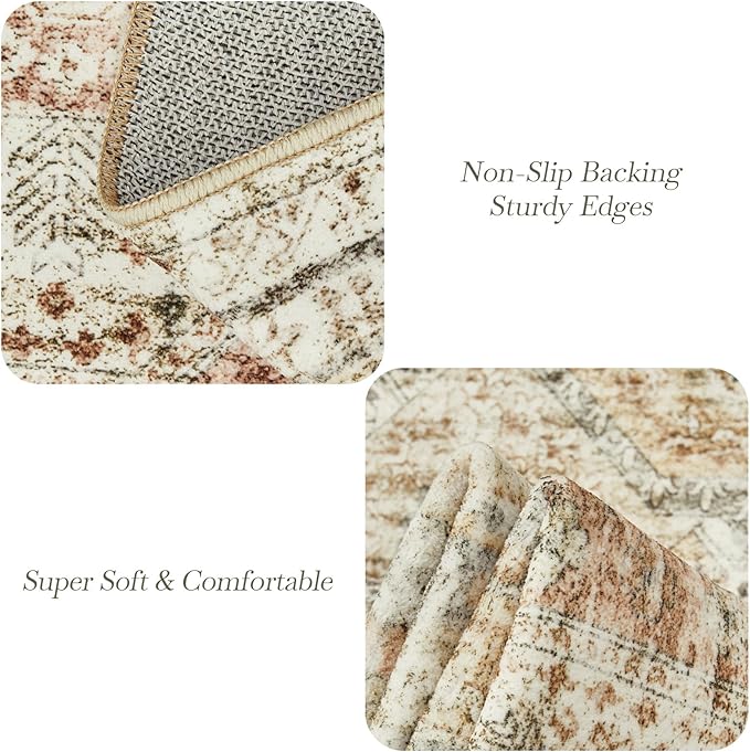 5x7 Area Rugs Brown Pink Low Pile Indoor Washable Trendy Faded Style Rugs for Bedroom Living Room Dining Room Foldable Non-Slip Thin Print Mat