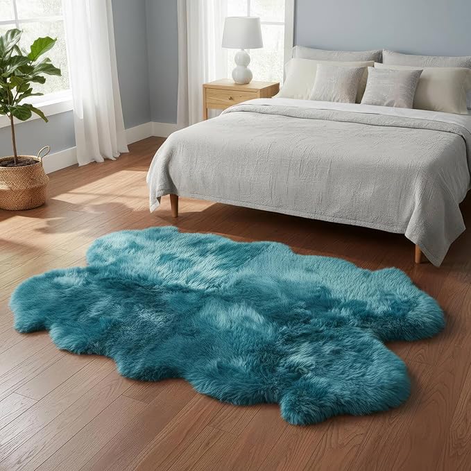 Beach Blue Genuine Sheepskin Rug 4x6 ft, Real Fluffy Quad Pelt Fur Area Rug for Living Room, Bedroom, & Nursery, Shaggy Boho, Modern, or Farmhouse Decor