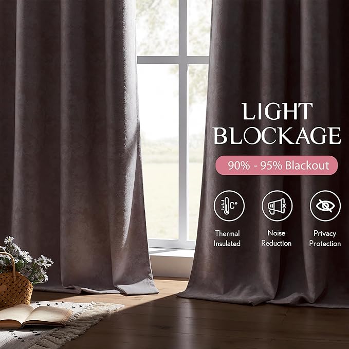 Beauoop Pink Floral Jacquard Blackout Curtains 63 Inches Long 2 Panels for Bedroom Living Room Chenille Flower Room Darkening Thermal Insulated Soundproof Grommet Window Treatments Drapes, 52x63