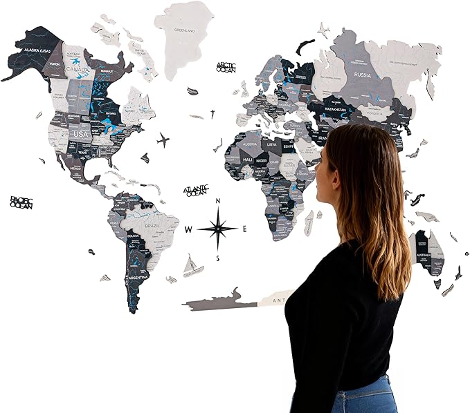 Handmade 3D Wood World Map Wall Art Large Wall Decor Track Your World Travels - Special for Home, Kitchen and Office (Nordik, Medium)
