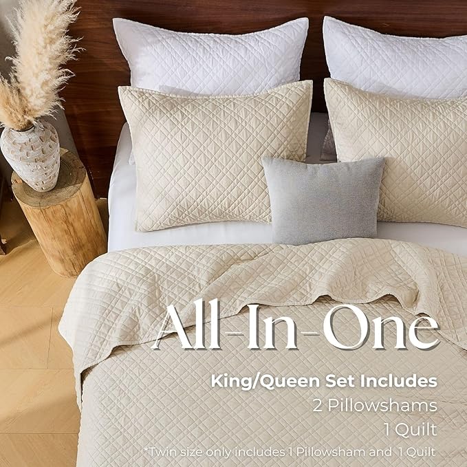 DOWN HOME Twin Quilt Set with Sham Lightweight Quilted Bedspread Coverlet Thin Comforter Bed Cover Vintage Washed Quilted Blanket for All Season, Brushed Microfiber Diamond Stitching, Beige, 66"x92"