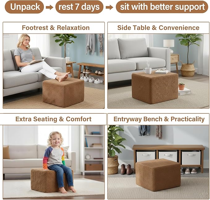 Tiita Pouf Ottoman and Foot Rest, Square Foam Stuffed Floor Pouf with Storag for Living Room, Brown