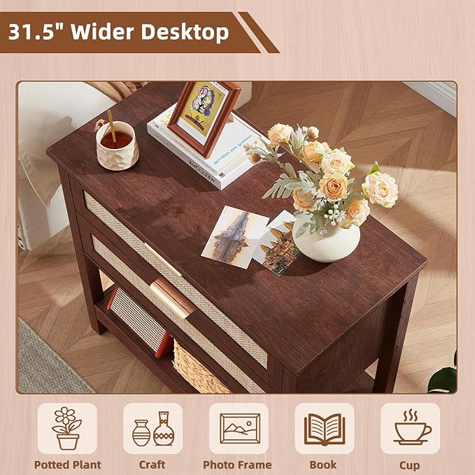 LEYAOYAO 31.5" Wide Rattan Night Stand, Large Boho Nightstand, Bedside Table with Storage, Tall Bed Side End Tables, Chest of Drawers for Bedroom, Living Room, Hallway（Walnut,2 Drawers,2）