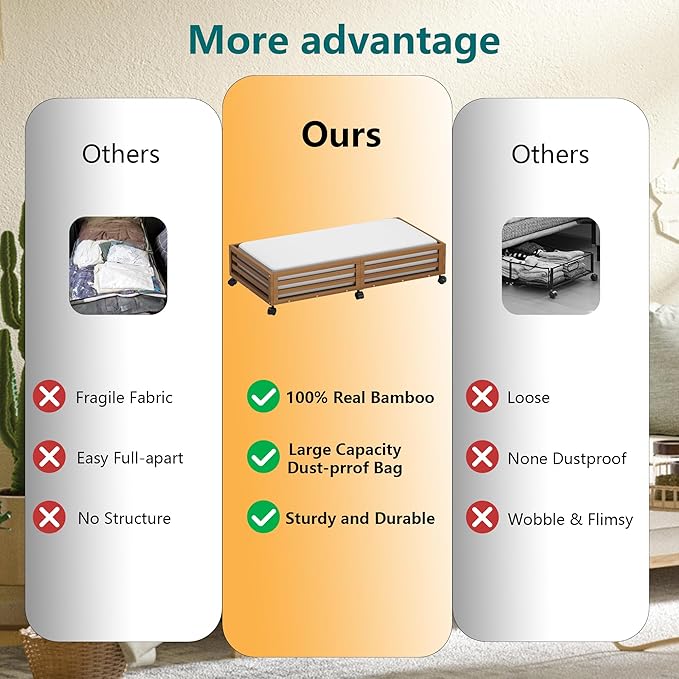 Bamboo Under Bed Storage Containers- Underbed Organizer with Wheels with Large Capacity Dust Bag,Sturdy Wood Rolling Under Bed Shoe Storage Organizer 2 Packs (Walnut, 2 Packs (33.07"×16.54"))