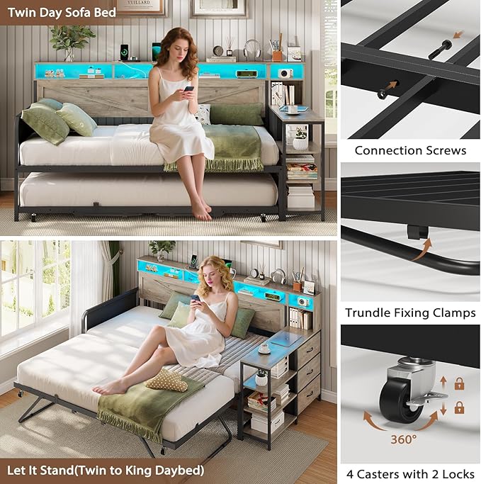 VIAGDO Daybed Twin with Pop Up Trundle, Farmhouse Wooden Day Bed Frame with 3 Storage Drawers and Shelves, Twin to King Daybed with Charging Station and LED Lights for Bedroom, Guest Room, Grey