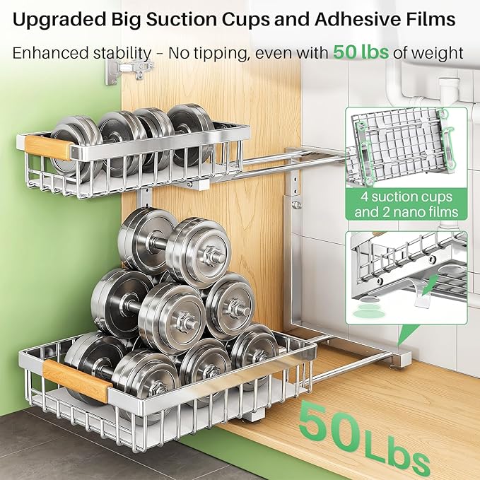 Under Sink Organizer, Stainless Steel 2 Packs 2 Tier Under Sink Organizers and Storage, Slide out Pull out Cabinet Shelf, Sliding Drawer for Kitchen Bathroom Pantry Cabinet Closet Organization Rack