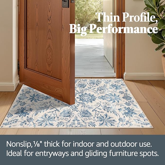 jinchan Torino 3x5 Area Rugs for Entryway, Vintage-Inspired Floral Design Machine Washable Non-Slip Low-Pile Rug, Ultra-Thin Indoor Traditional Accent Carpet for Entrance Bedroom Hallway, Dark Blue